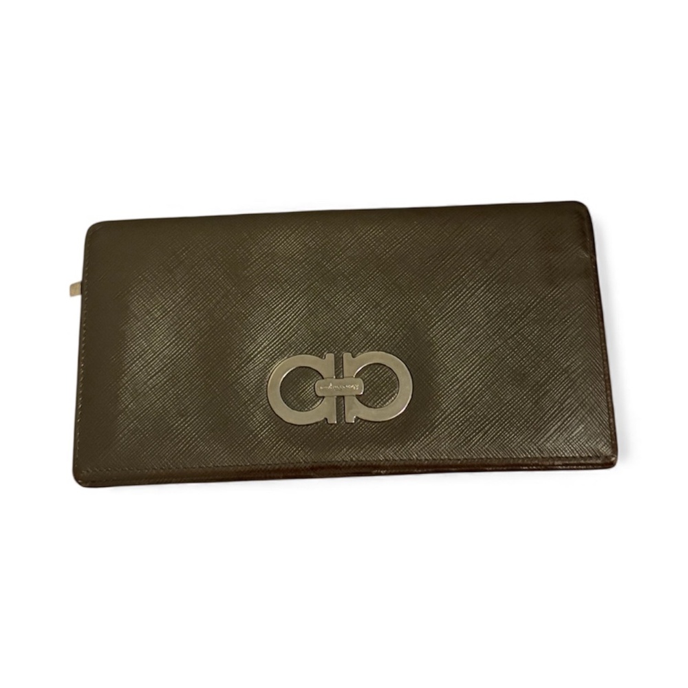 Salvatore Ferragamo Gancini Bifold Long Gray Leather Wallet with Silver Hardwear